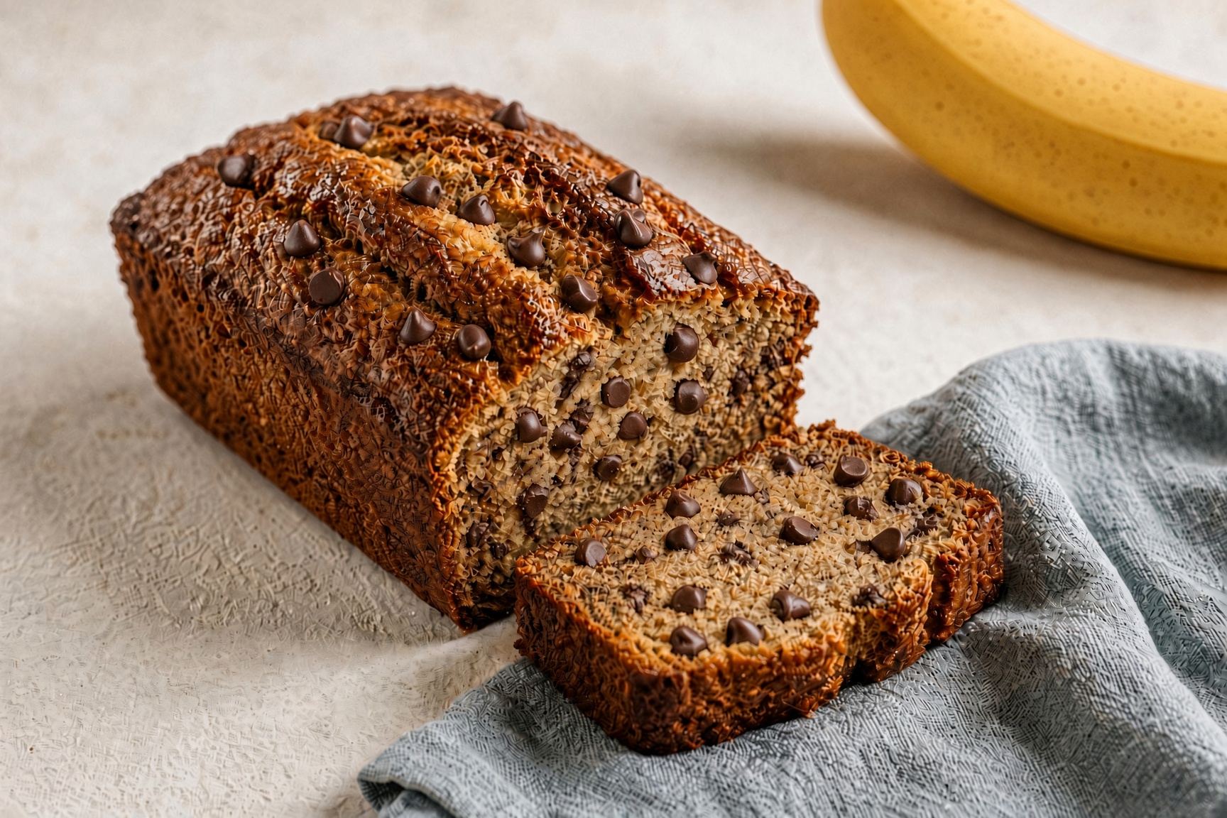 A sliced chocolate chip banana bread loaf on a linen napkin.