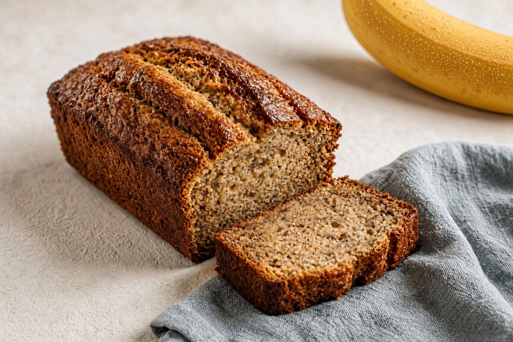 Sliced banana bread on a plaster counter beside a dusty blue linen napkin.