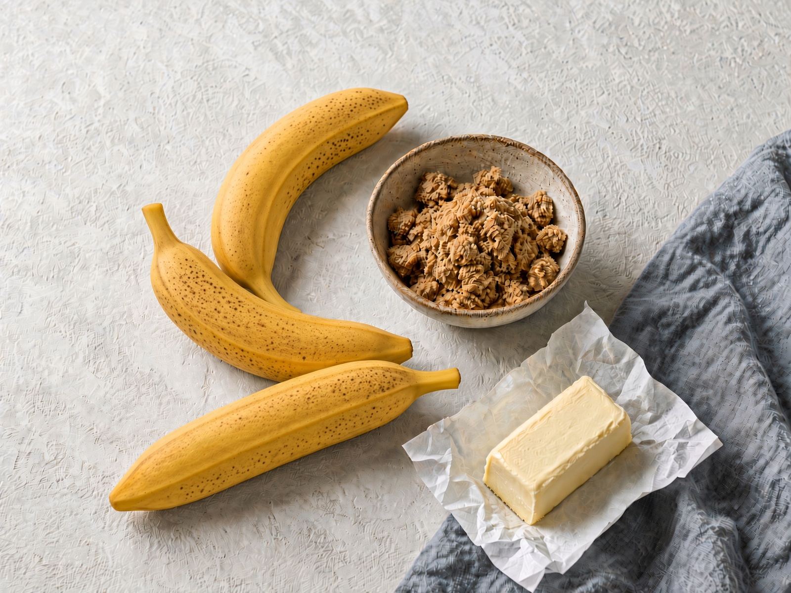 Speckled bananas, brown sugar, and butter on a plaster counter.